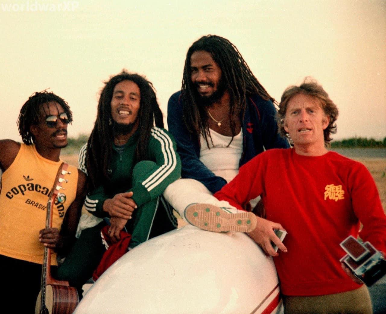Junior Murvin, Bob Marley, Jacob Miller & Chris Blackwell in Jamacia 1980